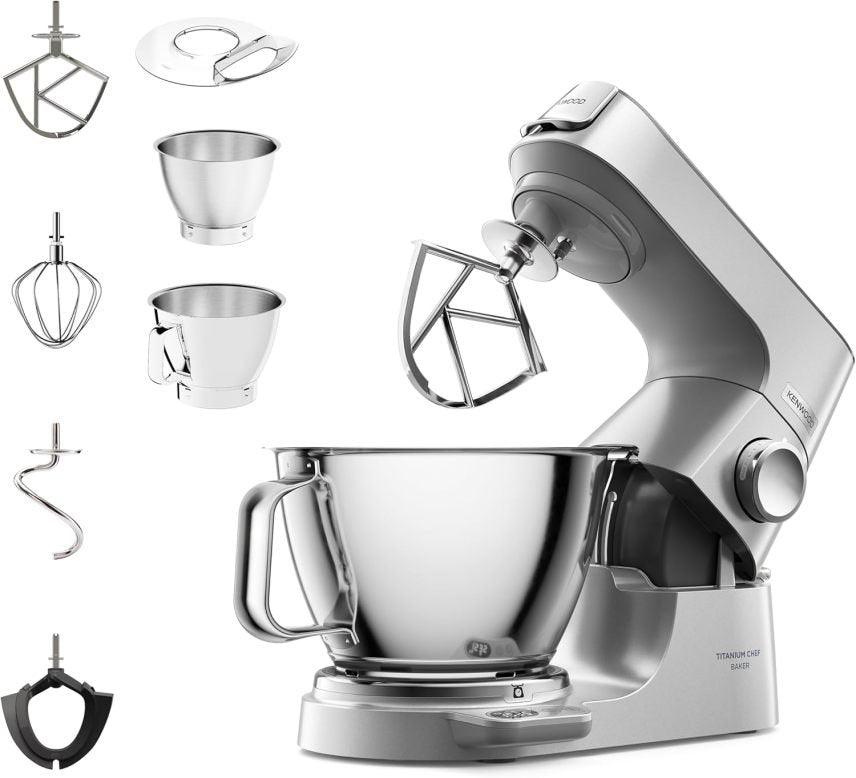 Kenwood Titanium Chef Baker KVL85.424SI Robot da cucina con bilancia integrata – Kit pasticceria 4 pezzi, ciotole 7 L e 5 L, velocità variabile, 1200 W, argento