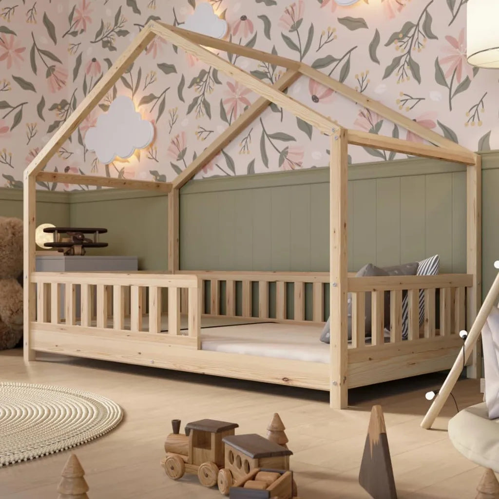 Crazy Pine Letto a casetta con cassetti 200 × 90 cm – Letto per bambini in legno naturale con barriera anticaduta