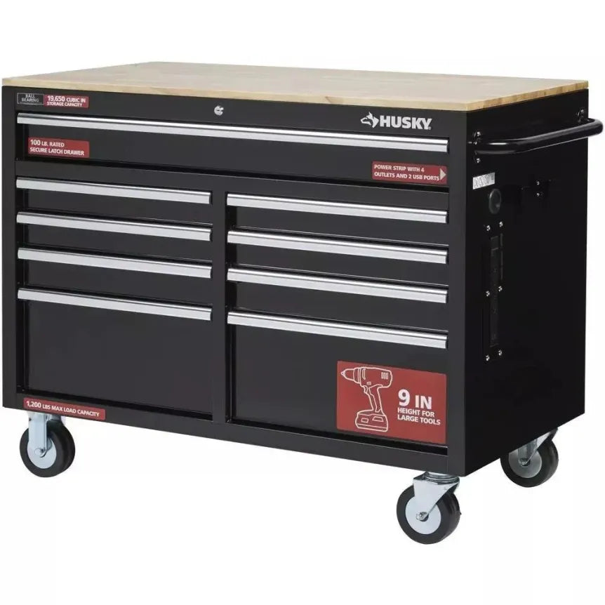 Banco da lavoro mobile profondo 46″ × 24″ con cassettiera portautensili a 9 cassetti – Nero lucido