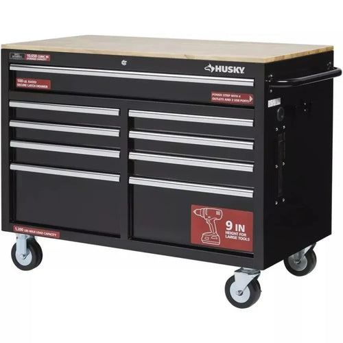Banco da lavoro mobile profondo 46″ × 24″ con cassettiera portautensili a 9 cassetti - Nero lucido