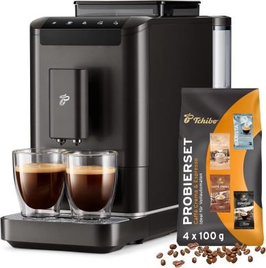 Tchibo Esperto2 Caffè Macchina da caffè automatica con funzione 2 tazze per Caffè Crema ed espresso, Granite Black – Confezione degustazione caffè in omaggio
