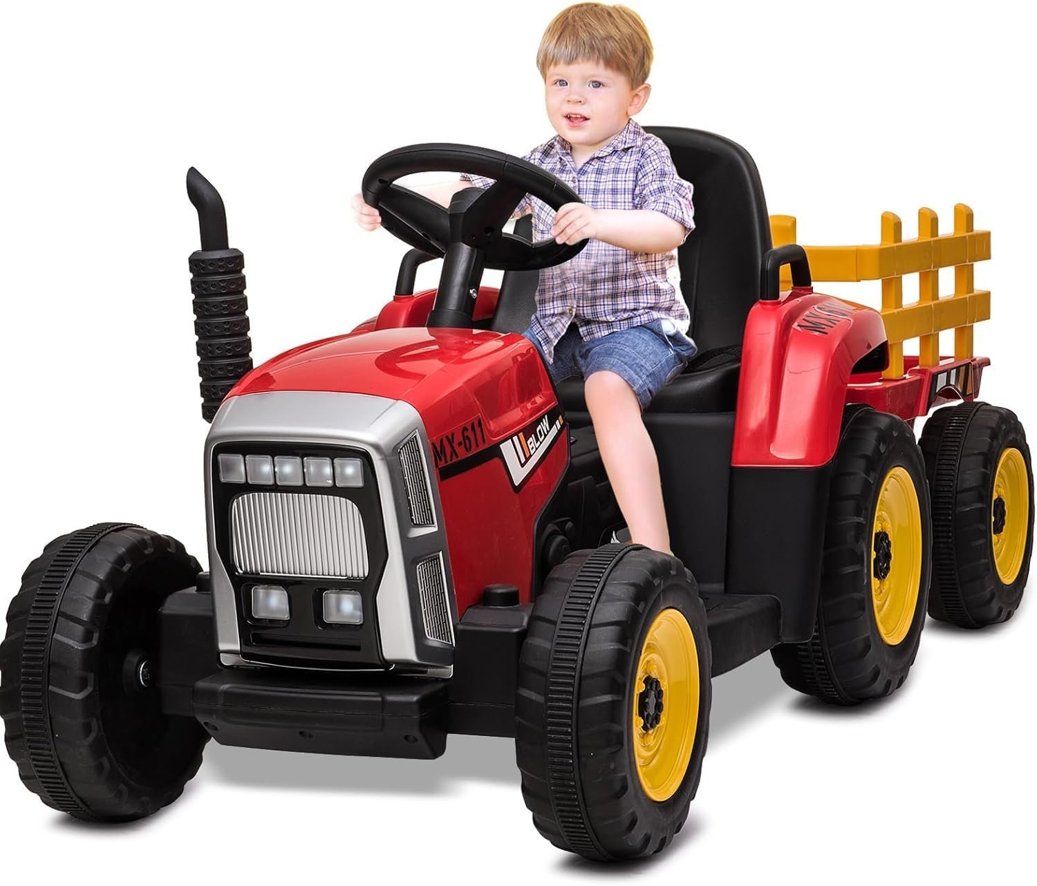HAUSPROFI Trattore elettrico per bambini 12 V 3 velocità con rimorchio – 2 modalità, telecomando 2,4 GHz, LED, Bluetooth, musica, USB, dai 3 anni, verde