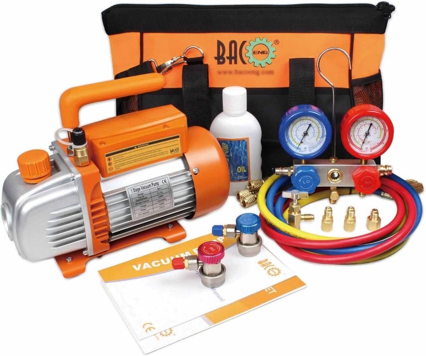 BACOENG Kit pompa per vuoto per climatizzazione HVAC / auto – Ricarica refrigerante, compatibile R134A, R410A, R407C e R32
