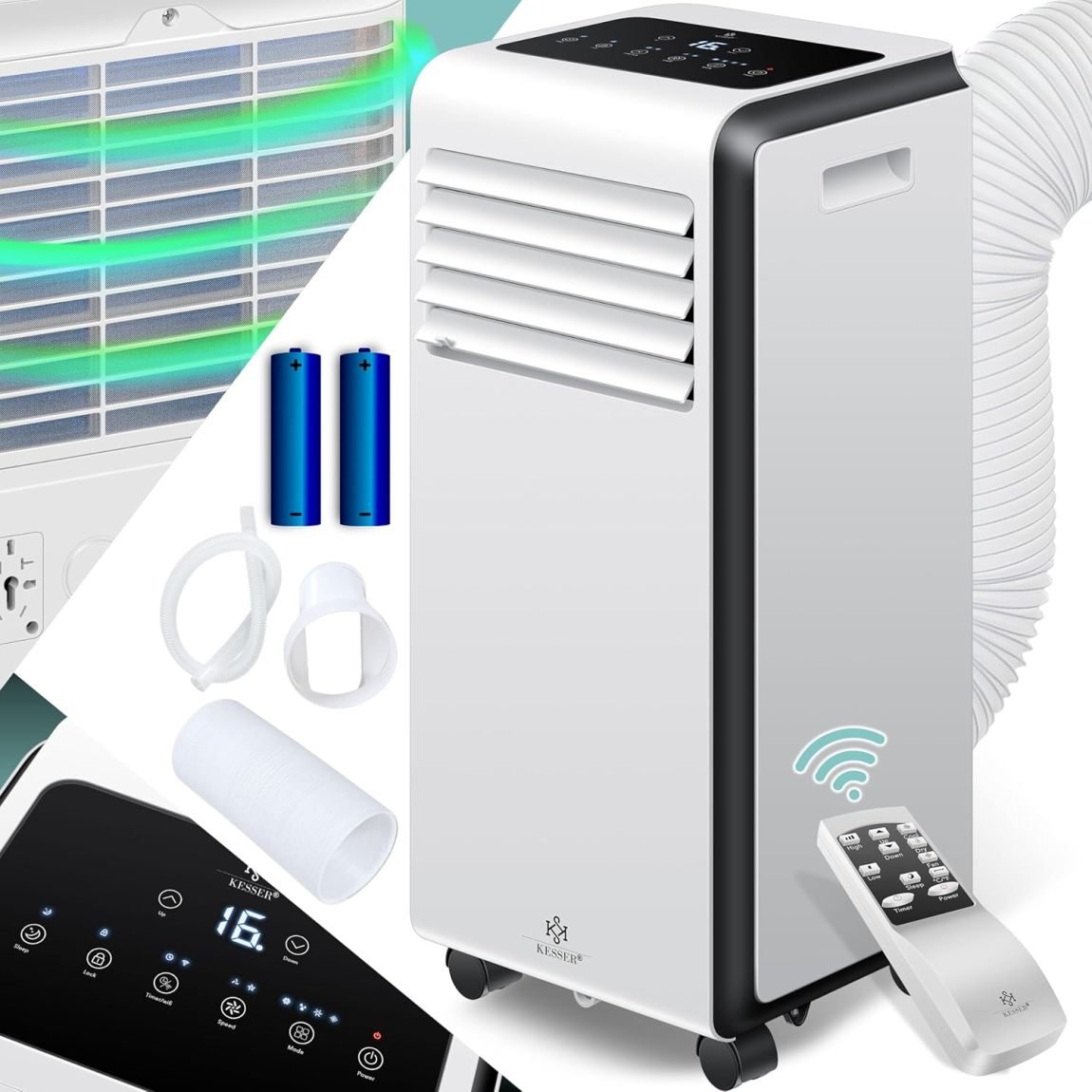 KESSER Climatizzatore portatile 4 in 1 – Raffrescamento, deumidificazione, ventilazione, 9000 BTU/h, 1005 W, telecomando, timer, modalità notte, ruote 360°