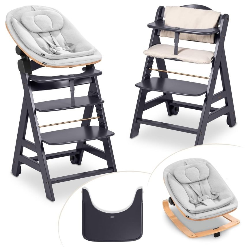Hauck Beta+ Newborn Set Eco Bouncer Seggiolone evolutivo in legno dalla nascita, con sdraietta neonato, cuscino e vassoio, grigio scuro