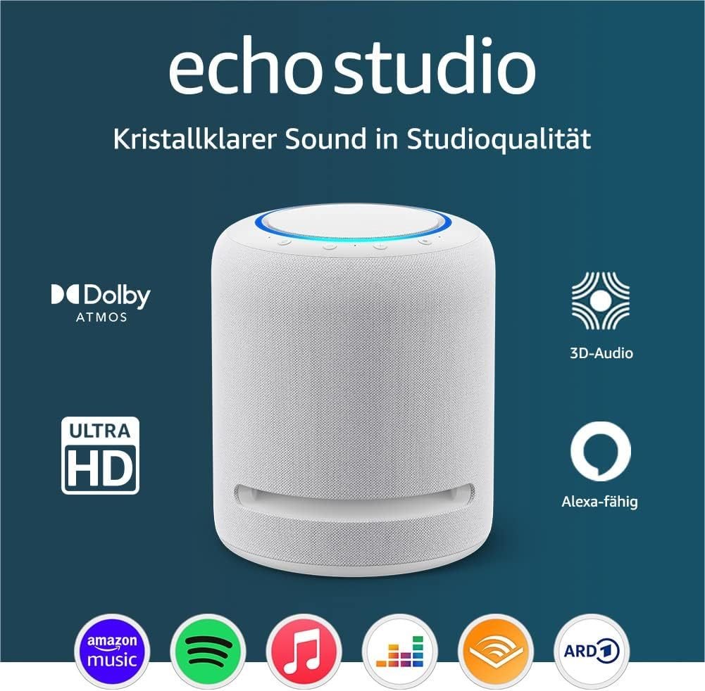 Echo Studio ultima generazione – Altoparlante intelligente Wi-Fi/Bluetooth con Dolby Atmos, audio 3D, hub per casa intelligente e Alexa, bianco