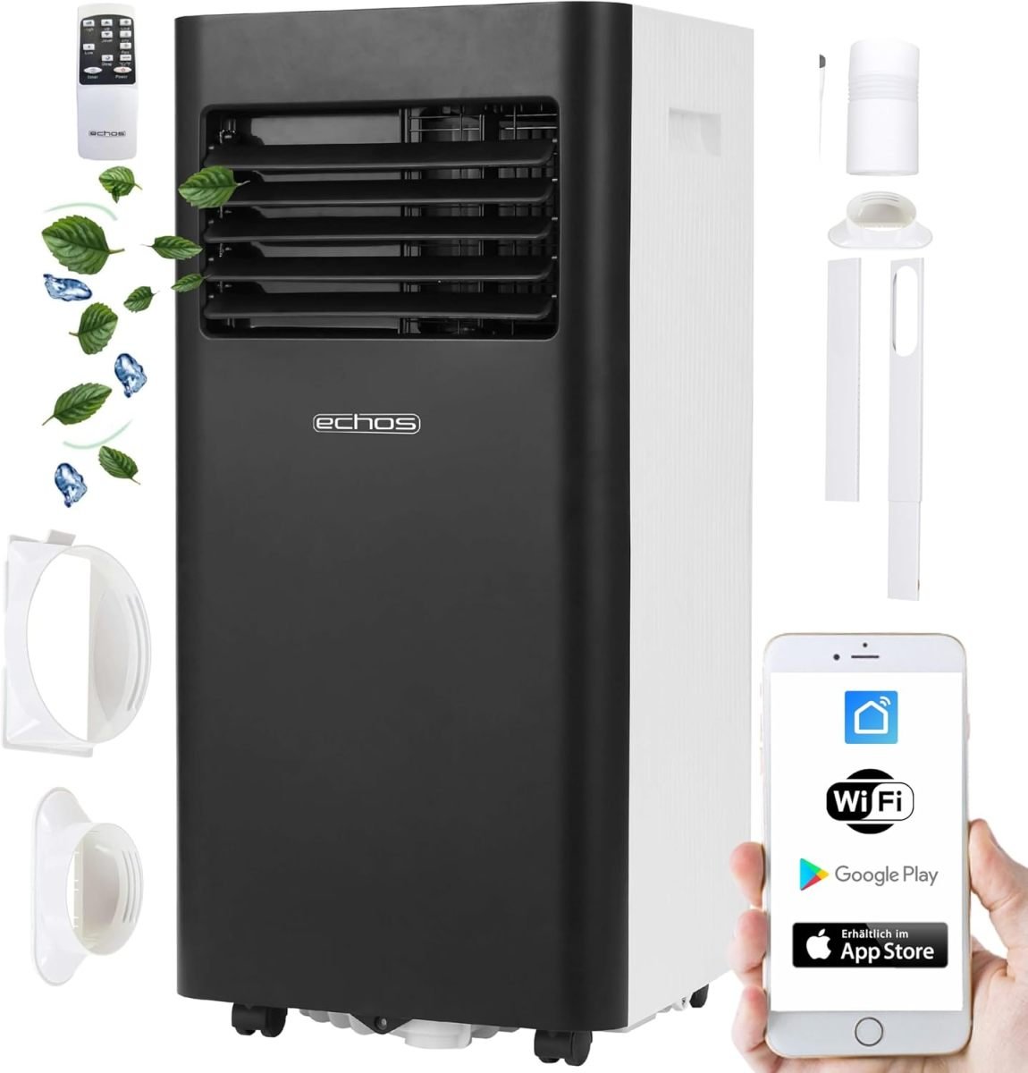 Echos Climatizzatore portatile 3 in 1 Wi-Fi – Kit finestra, tubo di scarico, timer 24 h, telecomando, 9000 BTU, 3 modalità