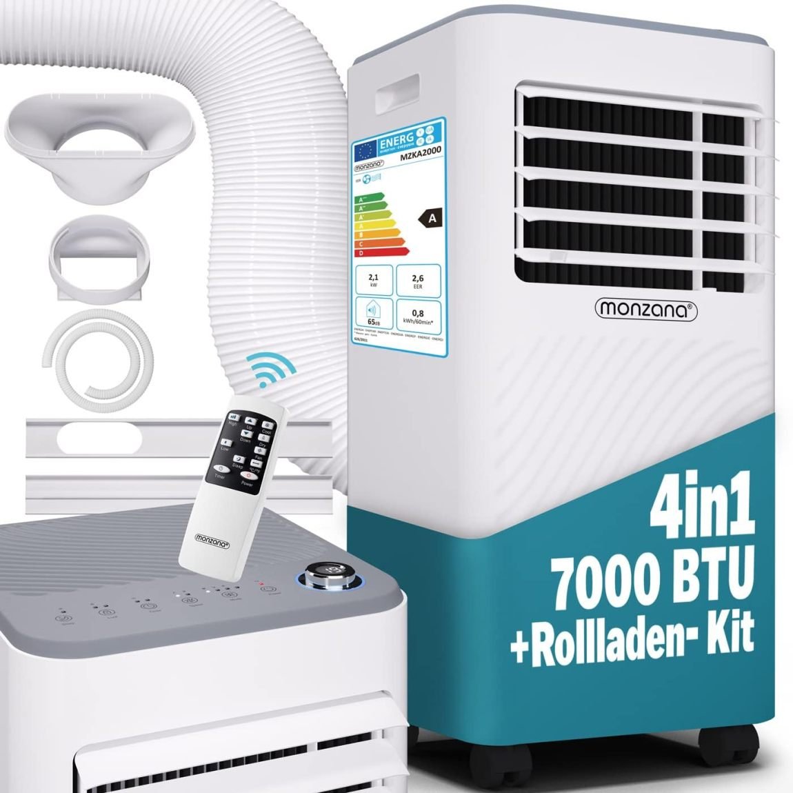 Climatizzatore portatile 3 in 1 Monzana MZKA2000 7000 BTU, 750 Watt, Tubo di scarico, Timer 24 ore, Fino a 25 m², Telecomando, Deumidificatore, Kit