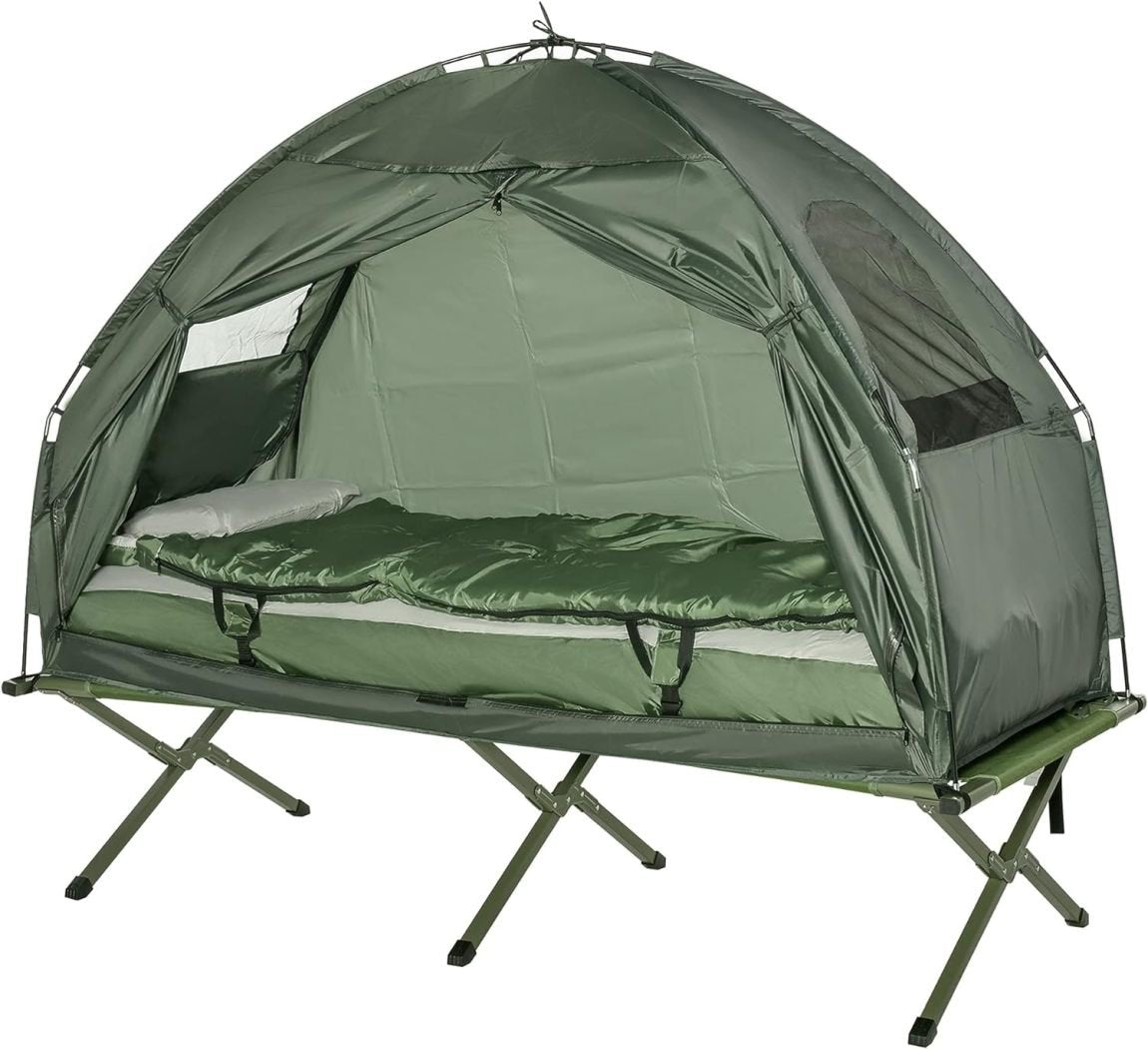 Outsunny Lettino da campeggio 4 in 1 – Set campeggio con tenda, sacco a pelo e materasso pieghevole, verde scuro