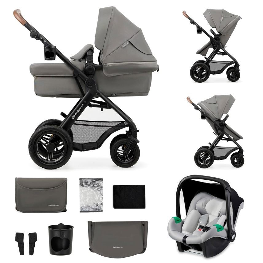 Kinderkraft MOOV2 AIR Passeggino 3 in 1 fino a 26 kg – Seggiolino auto i-Size 40-75 cm, funzione passeggino, posizione sdraiata, grande cappottina, ruote pneumatiche, nero