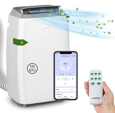 Klarstein Climatizzatore portatile con tubo di scarico 3 in 1 – Ventilatore, deumidificatore, modalità notte, portatile per casa e ufficio, 12.000 BTU, basso consumo