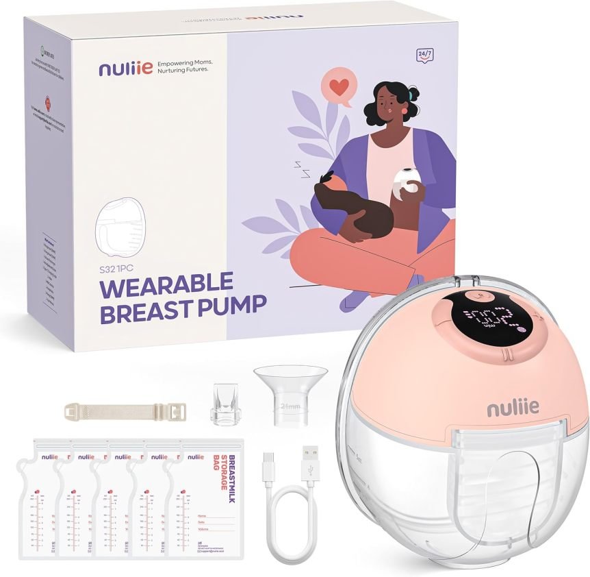 Nuliie S32 Tirare latte elettrico portatile a mani libere – 4 modalità, 9 livelli, flange 18/21/24 mm, accessori di ricambio, set da 2, bianco
