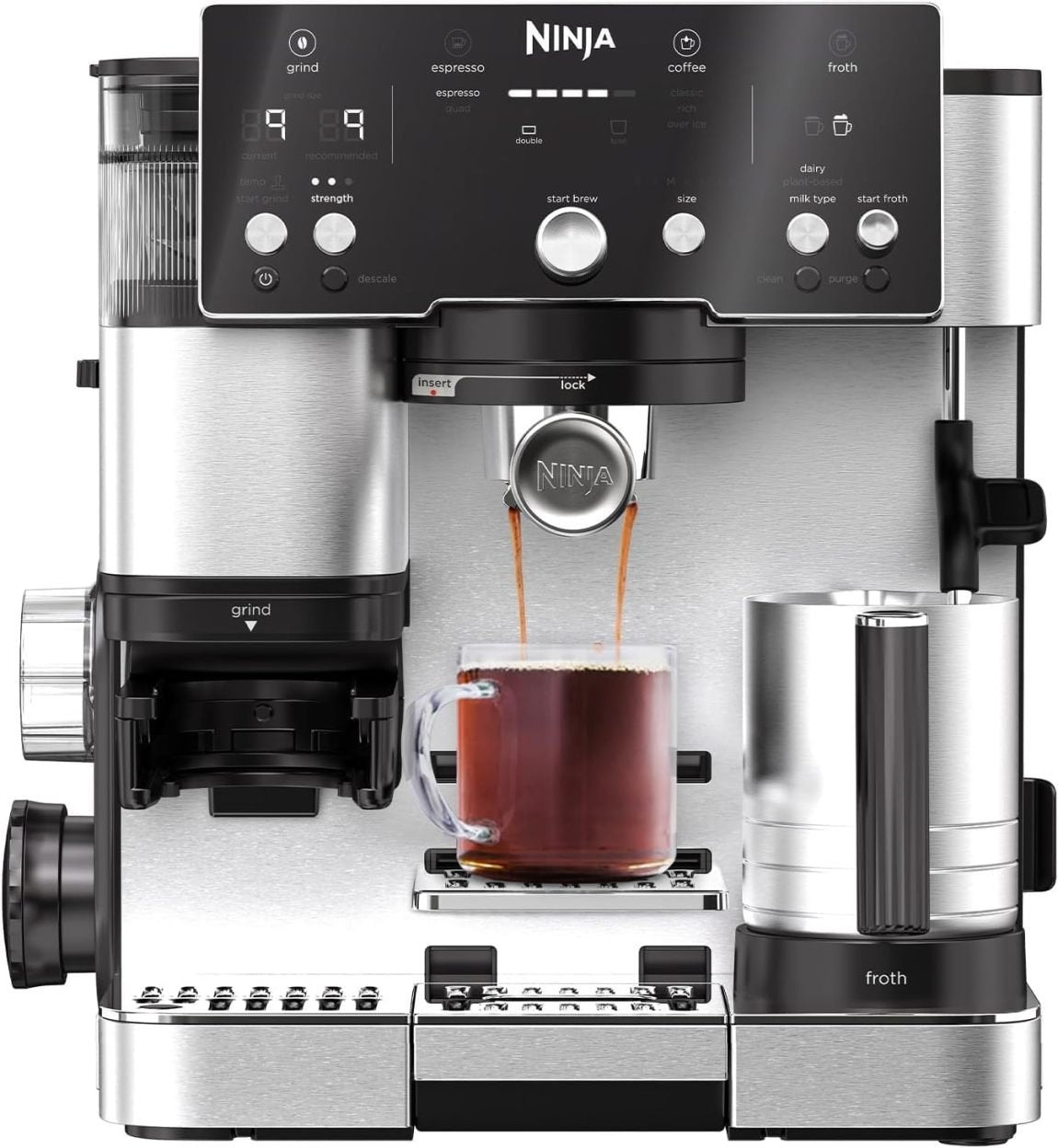 Ninja Luxe Essential ES501EU Macchina da caffè 2-in-1 con macinacaffè e montalatte – Latte, cappuccino ed espresso, 2 impostazioni schiuma, argento
