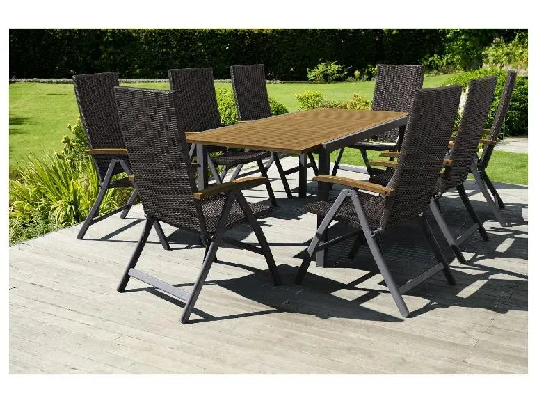 Set da giardino intrecciato Valencia 9 pezzi – Tavolo allungabile e 8 poltrone pieghevoli, marrone