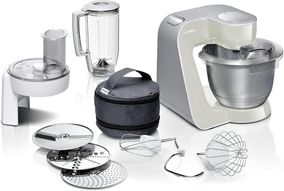 Bosch Serie 4 MUM58720 Robot da cucina – Ciotola inox 3,9 L, frullatore 1,25 L, movimento planetario, gancio, frusta, grattugia 3 dischi, 1000 W, rosso scuro/argento