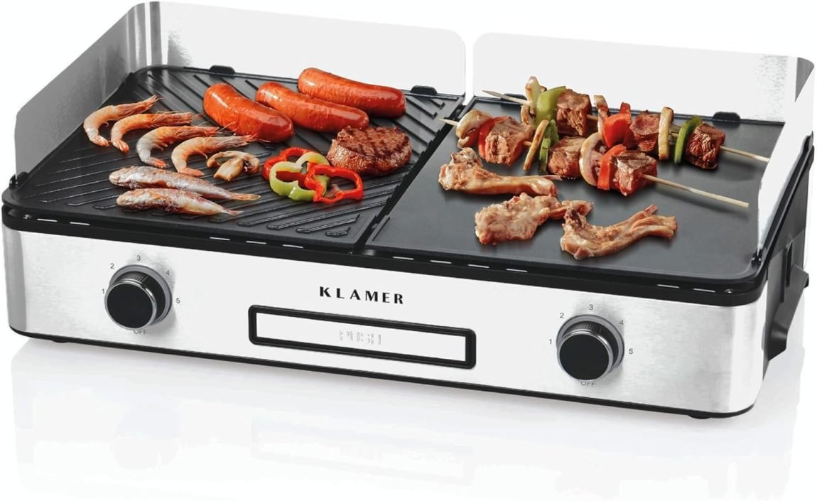 KLAMER Barbecue elettrico – Piastre duo antiaderenti rimovibili, temperature separate, 5 livelli, paravento/paraspruzzi e vaschetta raccogli-grasso