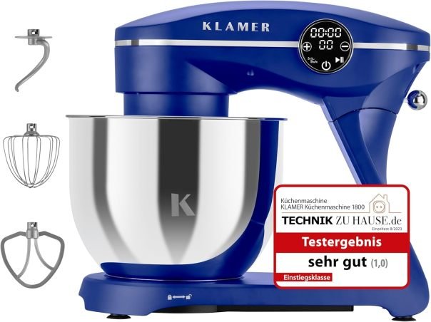 KLAMER Impastatrice planetaria 1800 W con ciotola inox 6 L, 10 velocità e timer, frusta piatta, gancio impastatore, frusta a filo e coperchio paraschizzi
