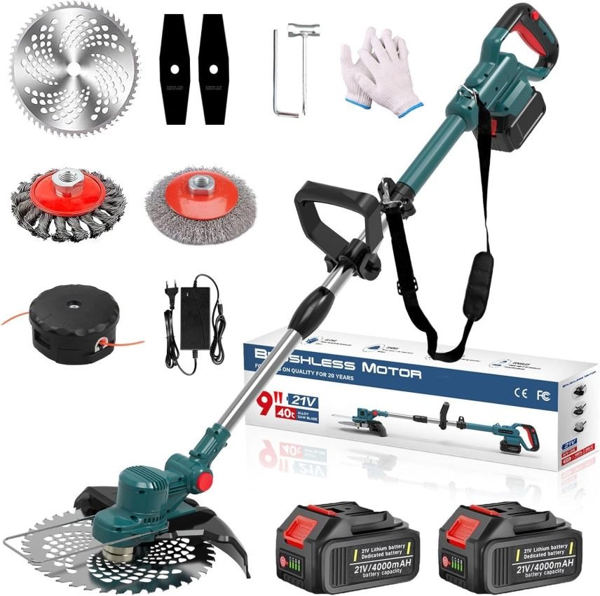 Hengriacly Tagliabordi a batteria 21 V – Compatibile con batterie Makita, spazzola diserbante, motore brushless 750 W, 2 batterie 4,0 Ah e caricatore inclusi