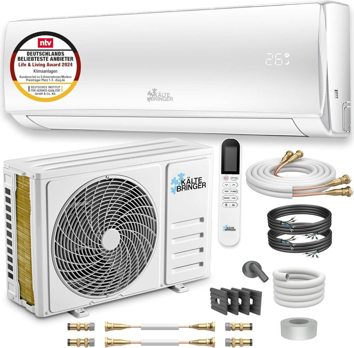 Kältebringer Climatizzatore split Quick Connect 12.000 BTU (3,4 kW) con riscaldamento – Wi-Fi/app, fino a 91 m², ultra silenzioso, 5 m di rame, R32, materiale e supporto a parete inclusi