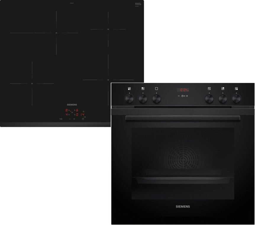 Siemens EQ522IA01 Set forno/piano cottura da incasso – Forno HE517GBS4 60 × 60 cm, aria calda 3D, autopulizia, guida clip + piano a induzione EI645CFB6E con PowerBoost, cornice inox