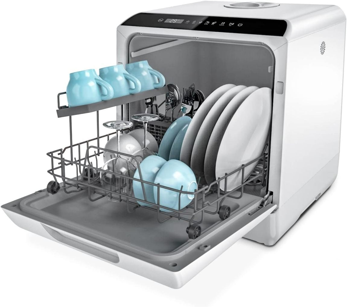 Hermitlux Mini lavastoviglie da tavolo – 4 coperti, serbatoio 5 L, 6 programmi, ideale per appartamento, residence e campeggio, bianco