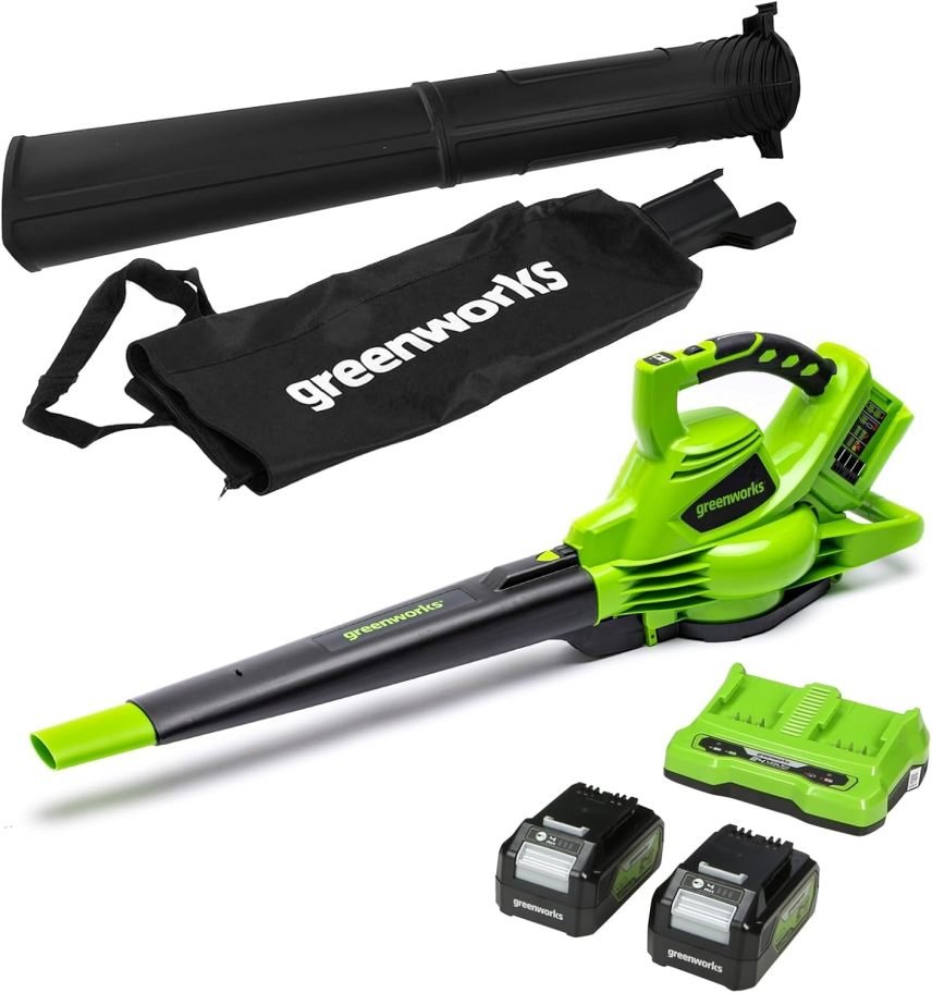 Greenworks Aspiratore/soffiatore per foglie a batteria 48 V (2×24 V) – Brushless, fino a 322 km/h, sacco 45 L, 2 batterie 4 Ah e caricatore, garanzia 3 anni, GD24X2BVK4X