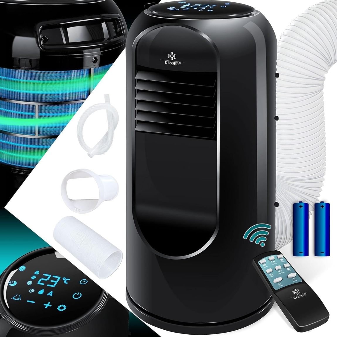 KESSER® Sky Tower Climatizzatore portatile 4 in 1 – Raffrescamento, deumidificazione, ventilazione, 9000 BTU/h (2600 W), telecomando, timer, modalità notte, nero