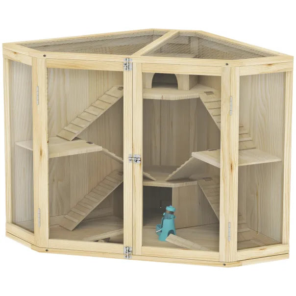 PawHut Gabbia per criceto in legno a 4 livelli con accessori e finestra