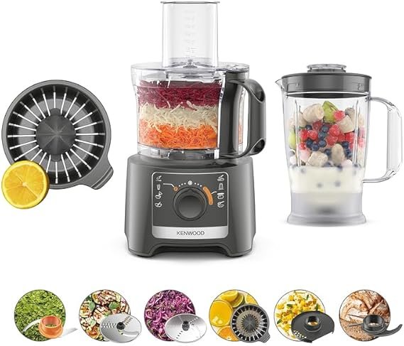 Kenwood MultiPro Compact FDP31.360GY Robot 800 W – Ciotola 2,1 L, blender 1,2 L, 2 velocità + Pulse, gancio, dischi e spremiagrumi, grigio