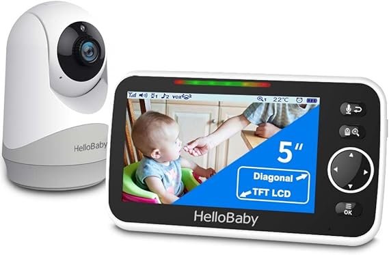 HelloBaby Baby monitor video con telecamera e audio – Schermo 5 pollici, batteria 3500 mAh, telecamera PTZ, audio bidirezionale, modalità ECO, visione notturna, portata fino a 293 m