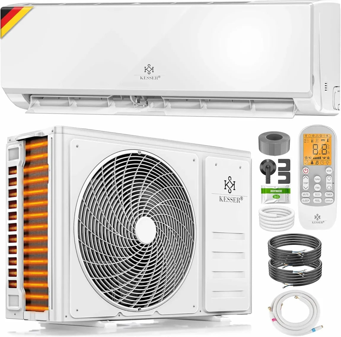 KESSER Kit climatizzatore split Wi-Fi/app – Raffrescamento A++ / riscaldamento A+, 9000 BTU/h (2600 W), R32, telecomando, timer, materiale di montaggio completo incluso