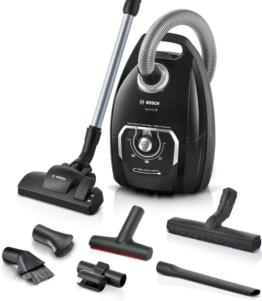 Bosch Serie 8 BGB75X494 Aspirapolvere con sacco – Ideale per allergie, filtro igienico, spazzola parquet/tappeti/piastrelle, cavo lungo, silenzioso, 650 W, blu