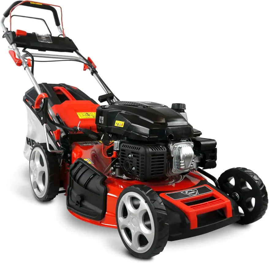 HECHT Tosaerba a benzina 5 in 1 – Motore Eco 4 tempi 4,4 kW (6 CV), avviamento elettrico, larghezza 53 cm, cesto 75 L, trazione, ruote brevettate, mulching