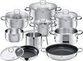 Silit Toskana Batteria da cucina a induzione 10 pezzi – Pentole con coperchi in vetro, pentolino per latte, vaporiera e padella, acciaio inox satinato non rivestito