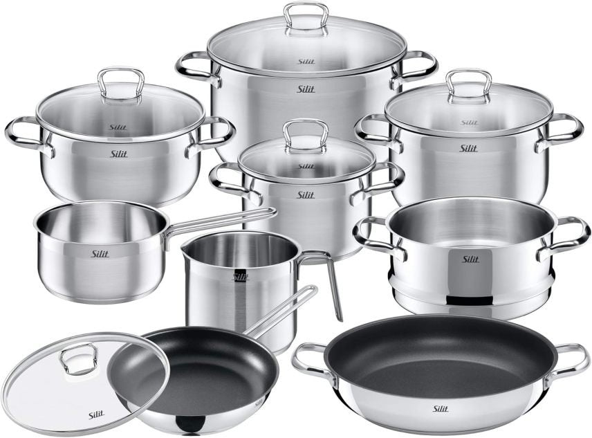 Silit Toskana Batteria da cucina a induzione 10 pezzi – Pentole con coperchi in vetro, pentolino per latte, vaporiera e padella, acciaio inox satinato non rivestito