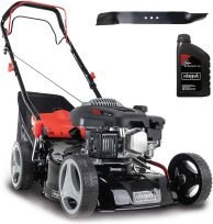 Scheppach MS150-42 Tosaerba a scoppio 3,5 CV – Taglio 42 cm, trazione, telaio in acciaio, pulizia, mulching, sacco 45 L, 7 altezze 25–75 mm