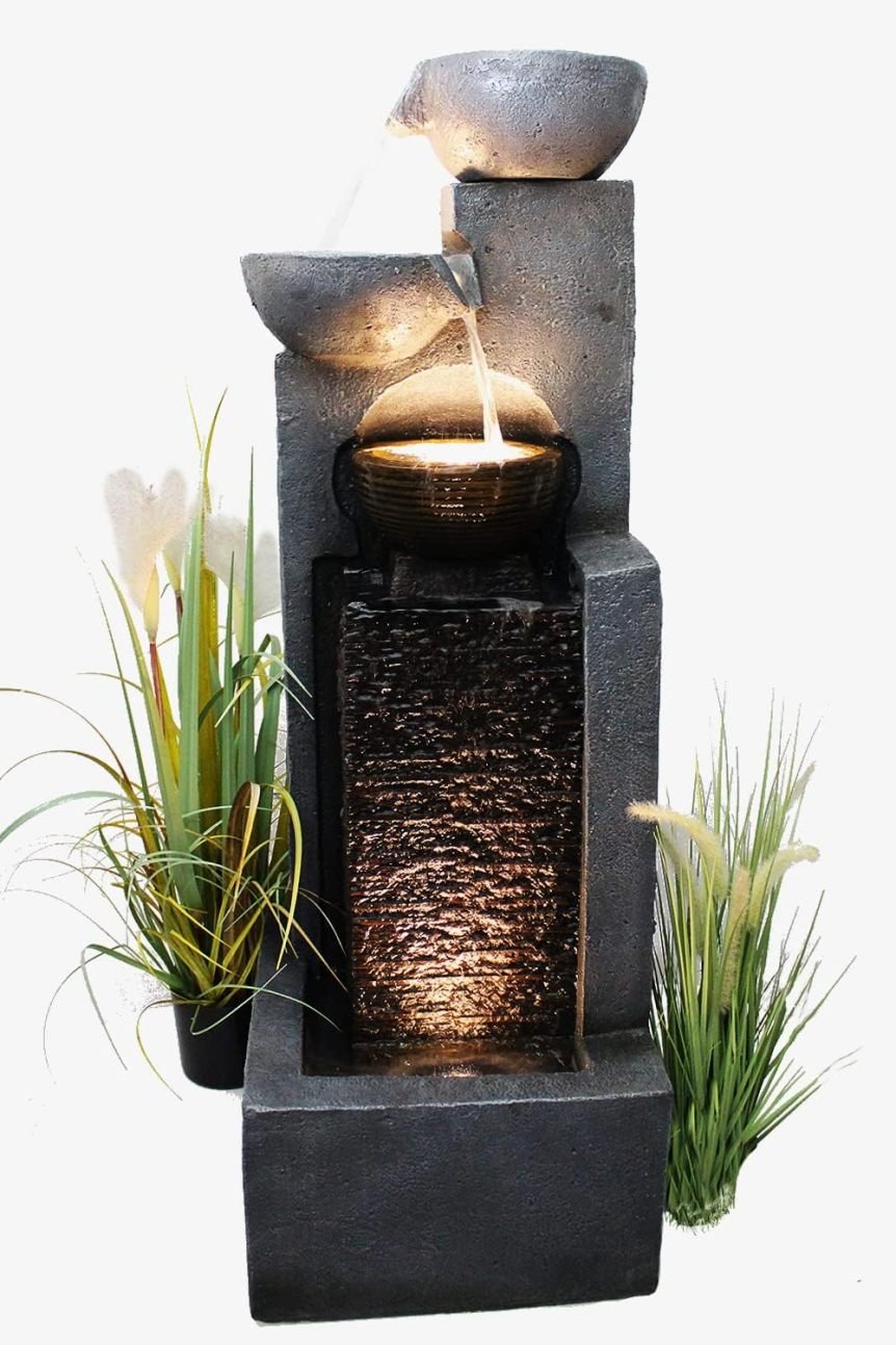 Arnusa Grande fontana da giardino con illuminazione LED – Nero/grigio