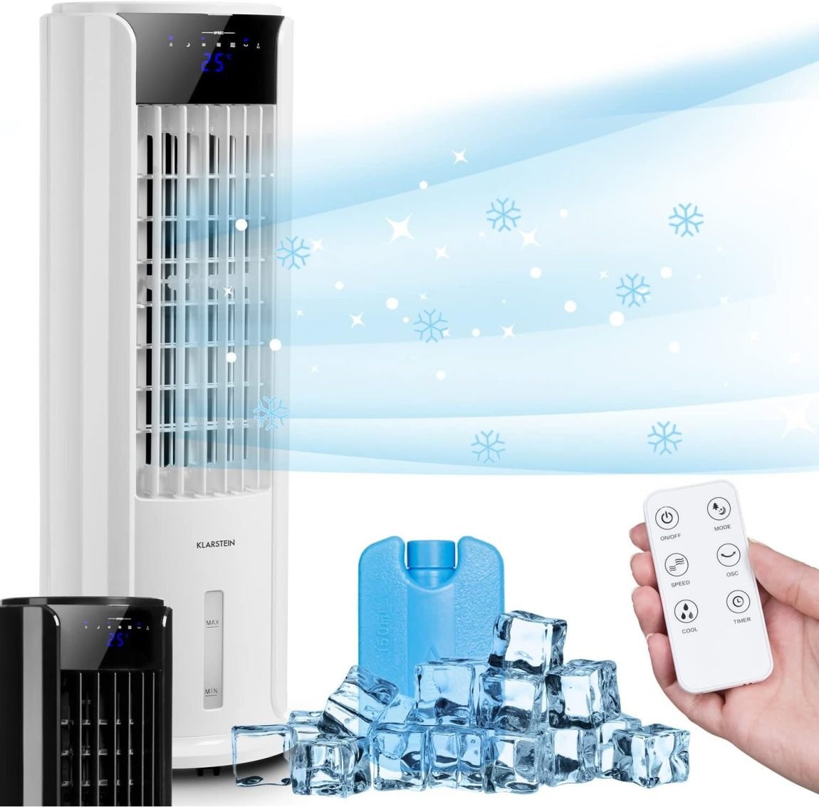 Klarstein Raffrescatore d'aria ad acqua 4 in 1 – Umidificatore, ventilatore, modalità notte, serbatoio 3,5 L, timer, 60 W, portata 486 m³/h