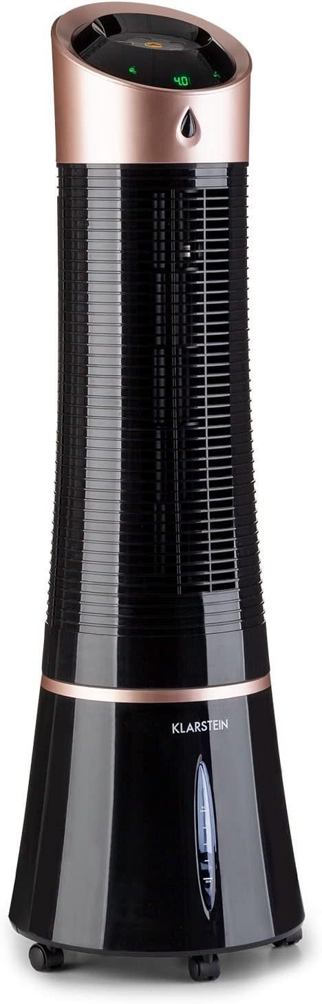 Klarstein Raffrescatore d'aria intelligente 4 in 1 – Ventilatore, umidificatore e ionizzazione, serbatoio 6 L, oscillazione, 30 W, 210 m³/h, timer, senza tubo, nero/oro rosa