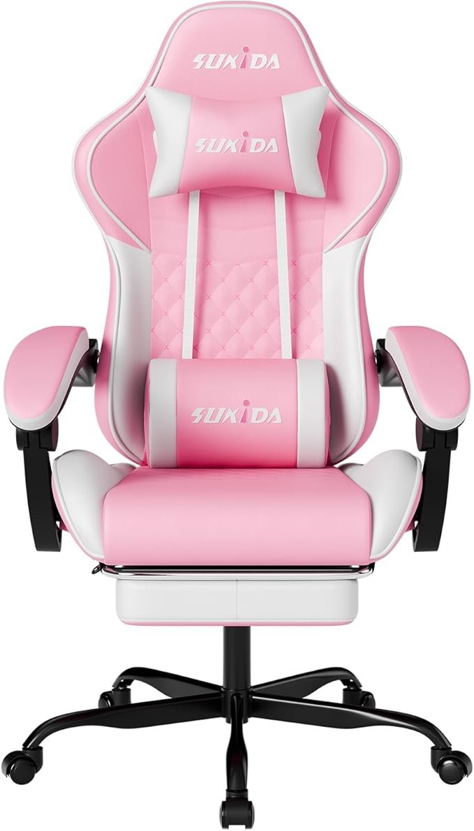 SUKIDA Sedia gaming Racing ergonomica – Poggiapiedi, schienale 90-135°, supporto lombare, altezza regolabile, rosa/bianco