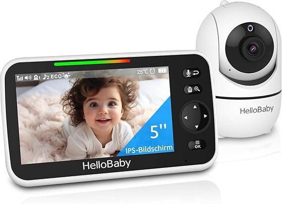 HelloBaby Baby monitor video con telecamera – Schermo 5 pollici, autonomia 30 h, PTZ 355°/120°, zoom 2×, visione notturna, temperatura, 8 ninne nanne, portata 305 m, senza Wi-Fi