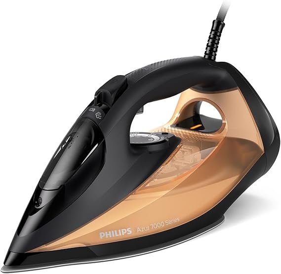 Philips Azur Serie 7000 Ferro da stiro a vapore DST7040/80 – 2800 W, vapore continuo 50 g/min, colpo di vapore 250 g, piastra SteamGlide Elite, vapore verticale, nero/oro