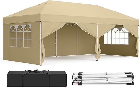SONGMICS Gazebo pieghevole 3 × 6 m – Tenda da giardino/ricevimento con pareti, leggera, impermeabile, protezione UV, portatile, beige, GCT204LZ01