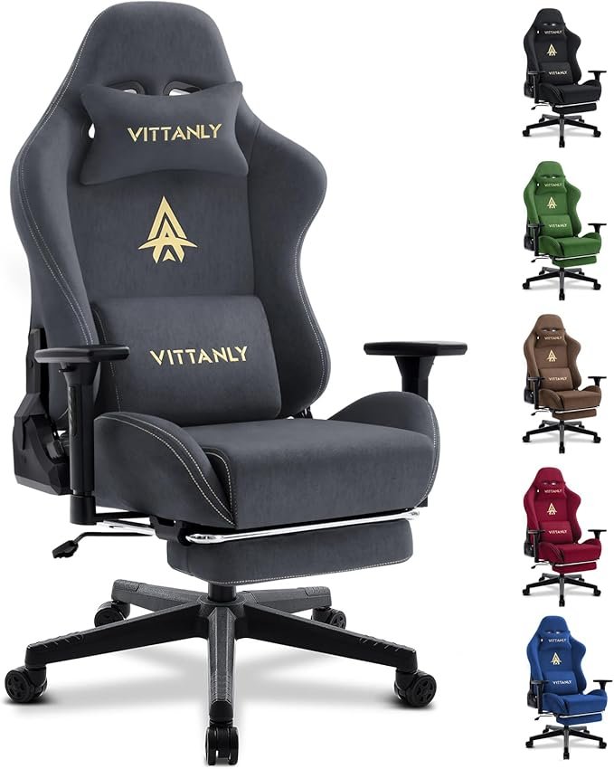 Vittanly Sedia gaming di lusso ergonomica – Finta pelle scamosciata, poggiapiedi, cuscini testa/lombari, braccioli 3D, schienale 90-155°, grigia