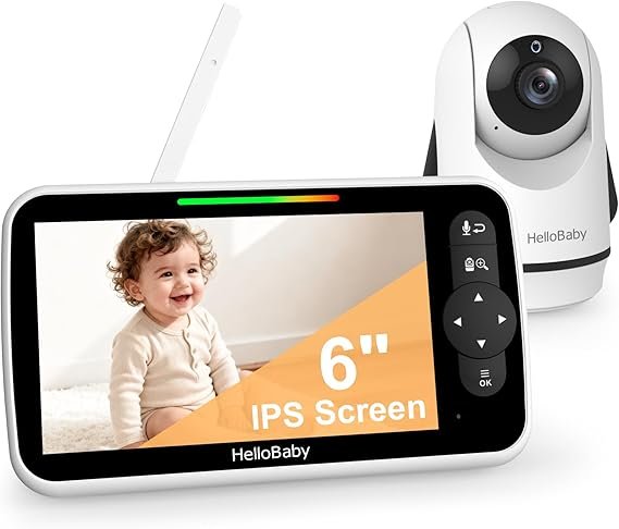HelloBaby Baby monitor video 6 pollici – Telecamera e audio, batteria 4000 mAh, visione notturna, modalità ECO, senza Wi-Fi, audio bidirezionale, controllo PTZ e 8 ninne nanne
