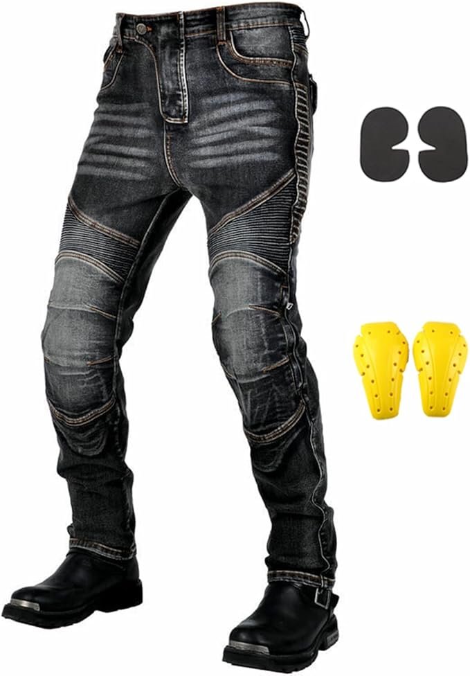 Jeans moto da uomo con protezioni – Fibra aramidica, tasche sulle cosce, rinforzato e resistente