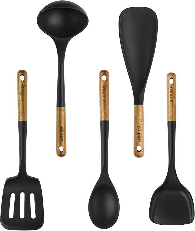 Staub Set di 5 utensili da cucina in silicone – Resistenti al calore, manici ergonomici, nero
