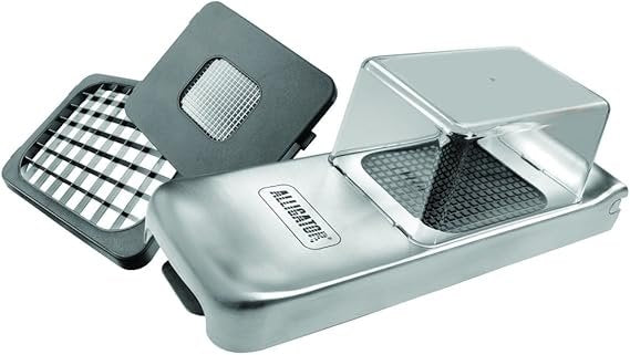 ALLIGATOR 3093 Tagliaverdure multifunzione in acciaio inox con contenitore – 3 lame intercambiabili (3 × 3, 6 × 6, 12 × 12 mm), senza BPA, tagliacipolle e patate