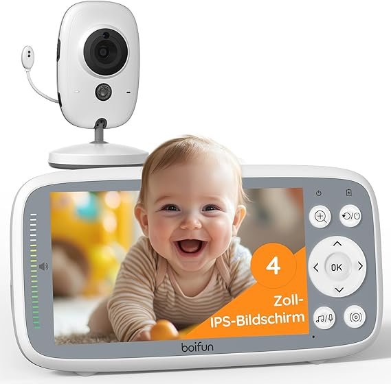BOIFUN Baby monitor video 2026 con telecamera – Schermo 4 pollici 720p senza Wi-Fi, visione notturna, autonomia 10 h, audio bidirezionale, rilevamento suono/temperatura, zoom 3×, ninne nanne