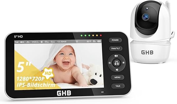 GHB Baby monitor video con telecamera – Schermo 5 pollici 720p HD, fino a 168 h in modalità VOX, schermo diviso, visione notturna, zoom 4× e funzione panoramica